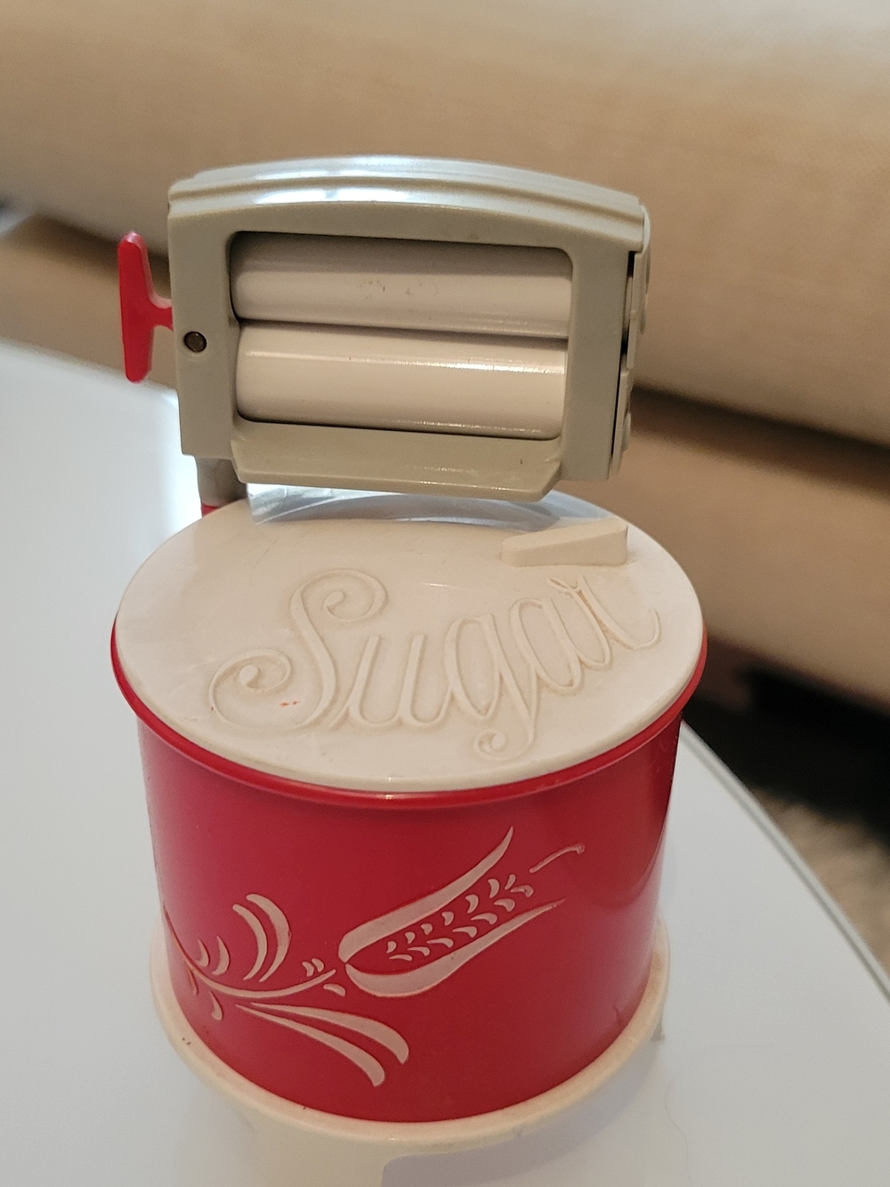 Vintage Red and White Sugar Dispenser Canister With Salt And Pepper Shakers